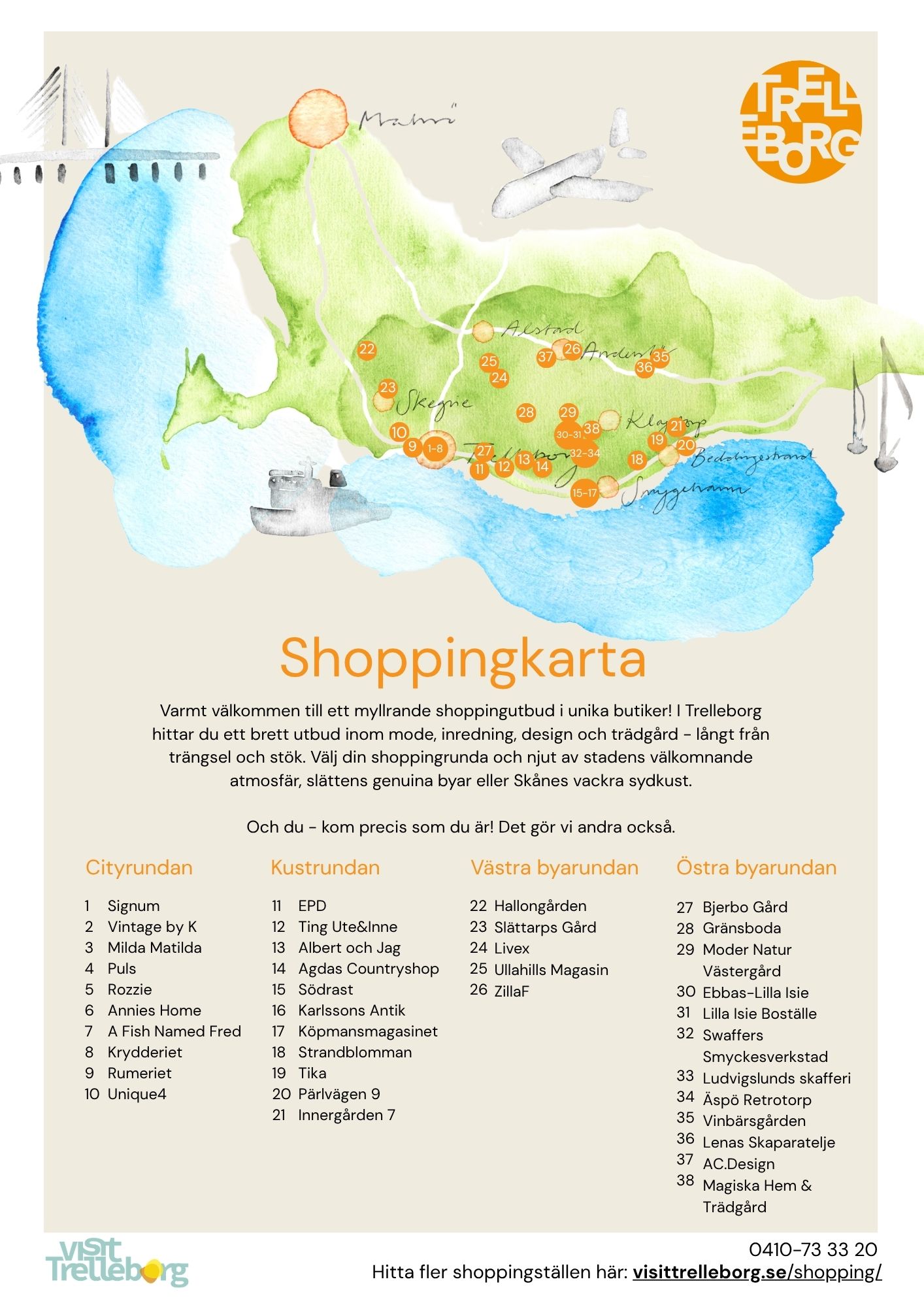 Karta med shoppingrundor med unika butiker i härliga miljöer i Trelleborg