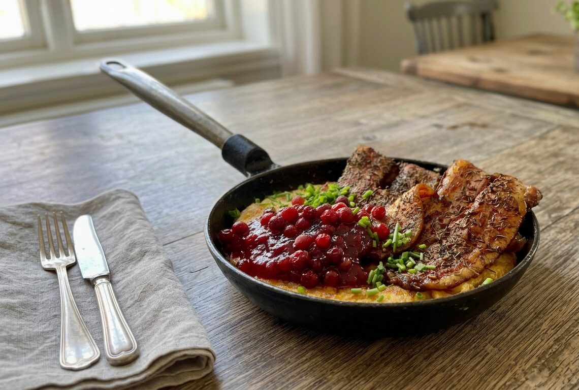 Äggakaka i stekpanna med klassiska tillbehör, bredvid finns gaffel och kniv